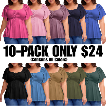 Women's Large-Sized Heart-Shaped Collar Short-Sleeved Ruffled Blouse