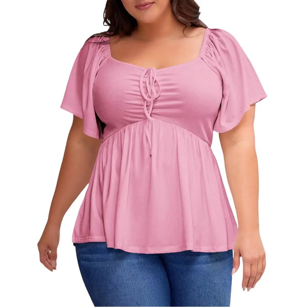 Women's Large-Sized Heart-Shaped Collar Short-Sleeved Ruffled Blouse