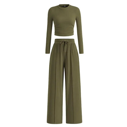 ✨2-Piece Ribbed Knit Long Sleeve Crop Top Wide Leg Pants Lounge Set🔥