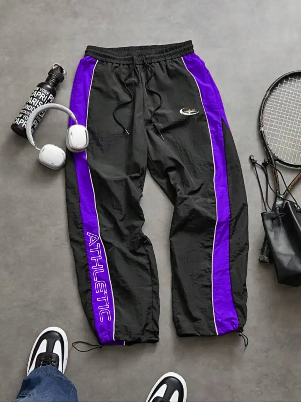 Men's Casual Sporty Long Pants, Loose Fit Drawstring Cuff