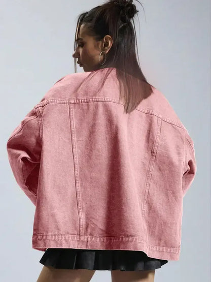 Women's Plain Button Front Drop Shoulder Denim Coat