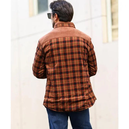 Men's Corduroy Plaid Sherpa Lined Flannel Shirt Jacket Fleece Coat