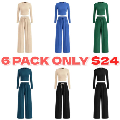 ✨2-Piece Ribbed Knit Long Sleeve Crop Top Wide Leg Pants Lounge Set🔥