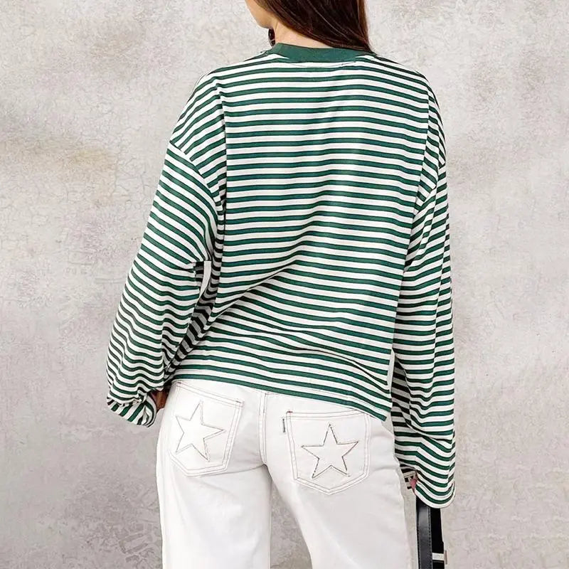 Women Long Sleeve Crew Neck Loose Striped T Shirt