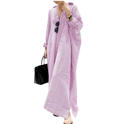Women's Casual Long Sleeve Button Down Loose Striped Cotton Maxi Shirt Dress