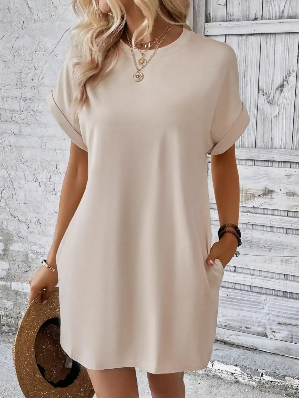 Women's Plain Pocket Batwing Sleeve Tee Dress