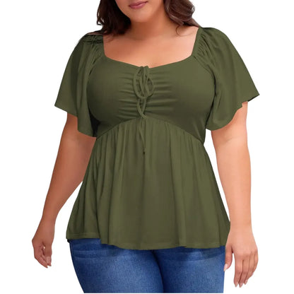 Women's Large-Sized Heart-Shaped Collar Short-Sleeved Ruffled Blouse