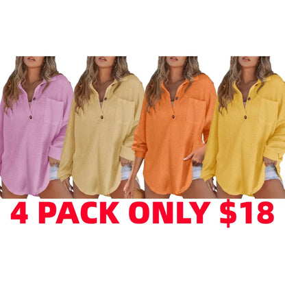 Women's Oversized Henley Waffle Shirts Tops