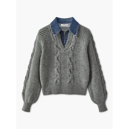 Denim Panel Ribbed Lapel Sweater
