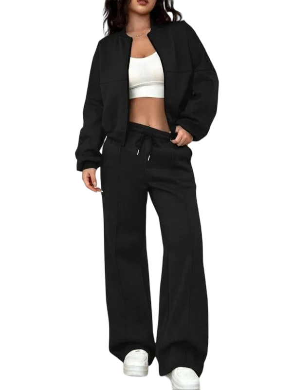 Two-piece Set Women's Solid Zip Up Drop Shoulder Jacket & Pocket Elastic Waist Pants