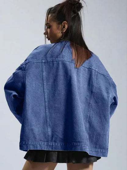 Women's Plain Button Front Drop Shoulder Denim Coat