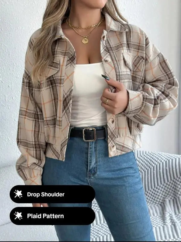 Women's Plaid Print Button Front Drop Shoulder Jacket