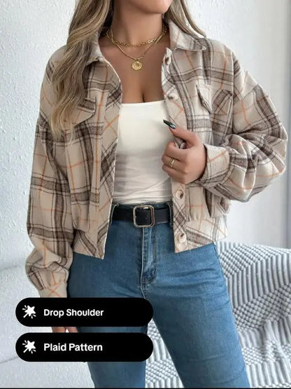 Women's Plaid Print Button Front Drop Shoulder Jacket