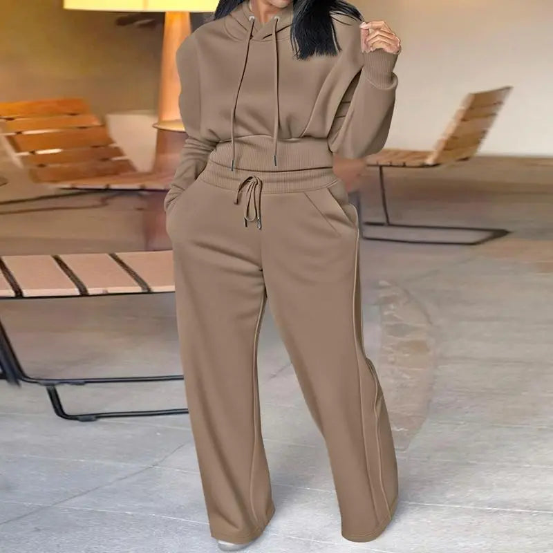Hooded Long Sleeve Sweatshirt and Casual Wide Leg Sweatpants Set