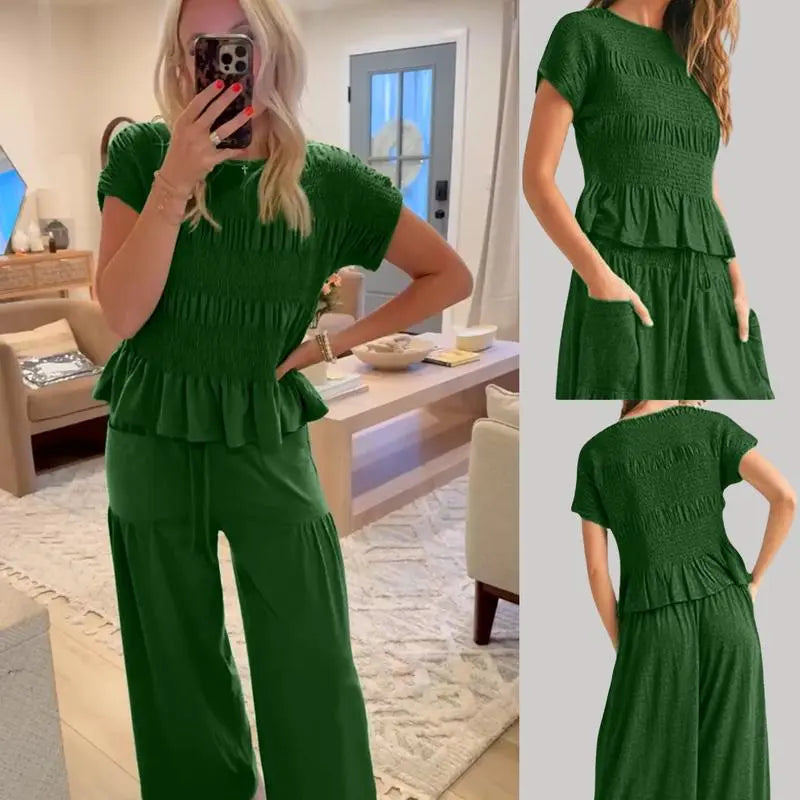 ✨Women’s 2-Piece Smocked Top & Wide-Leg Pants Casual Boho Matching Set🔥