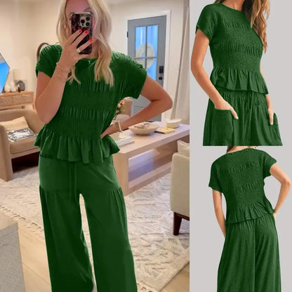 ✨Women’s 2-Piece Smocked Top & Wide-Leg Pants Casual Boho Matching Set🔥