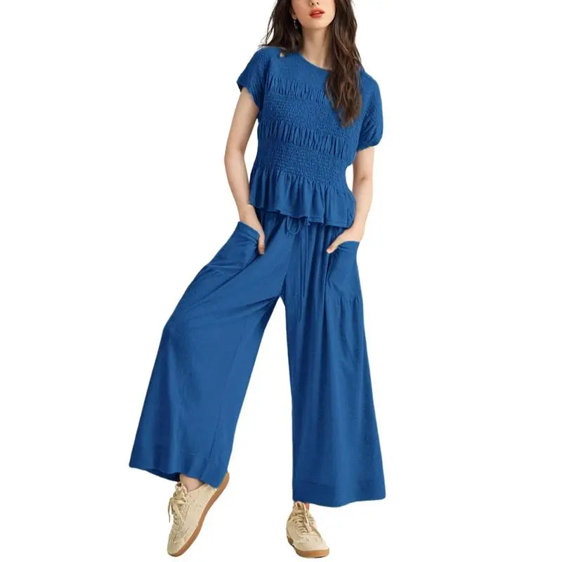 ✨Women’s 2-Piece Smocked Top & Wide-Leg Pants Casual Boho Matching Set🔥