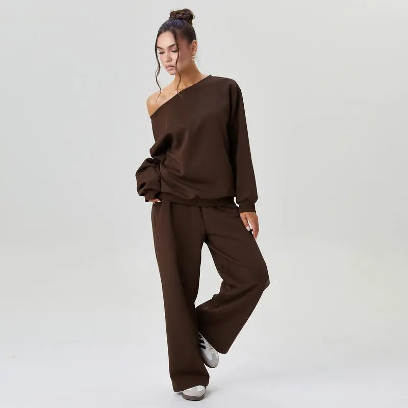 Women's Leisure Solid Color Sloping Shoulder Long Sleeve Top & Wide-Leg Trousers Set