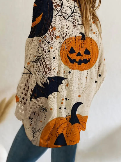 Women's Halloween Pumpkin Print Long Sleeve Knit Top