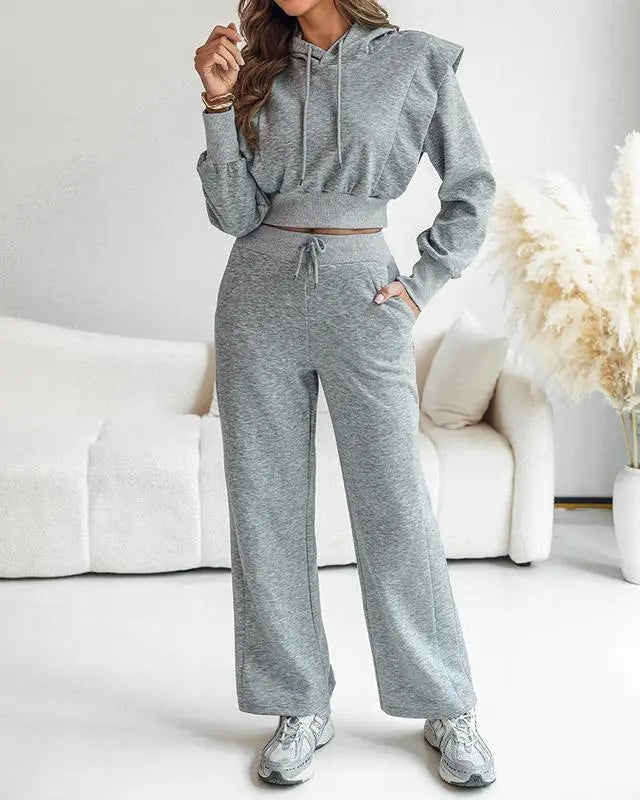 Hooded Long Sleeve Sweatshirt and Casual Wide Leg Sweatpants Set