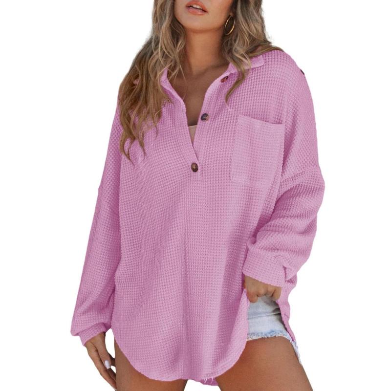 Women's Oversized Henley Waffle Shirts Tops