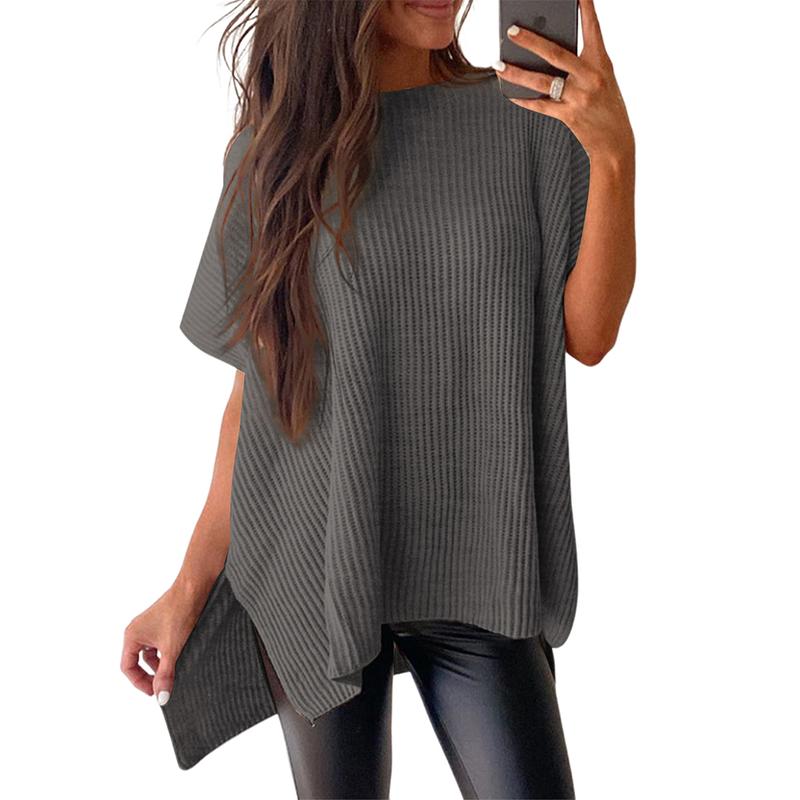 Women’s Oversized Knit Top – Casual Crew Neck Short Sleeve Sweater with Side Slit