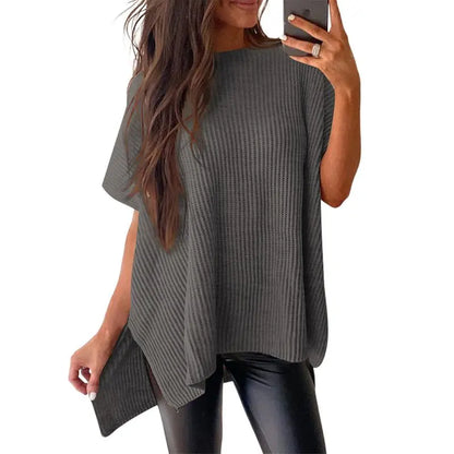 Women’s Oversized Knit Top – Casual Crew Neck Short Sleeve Sweater with Side Slit