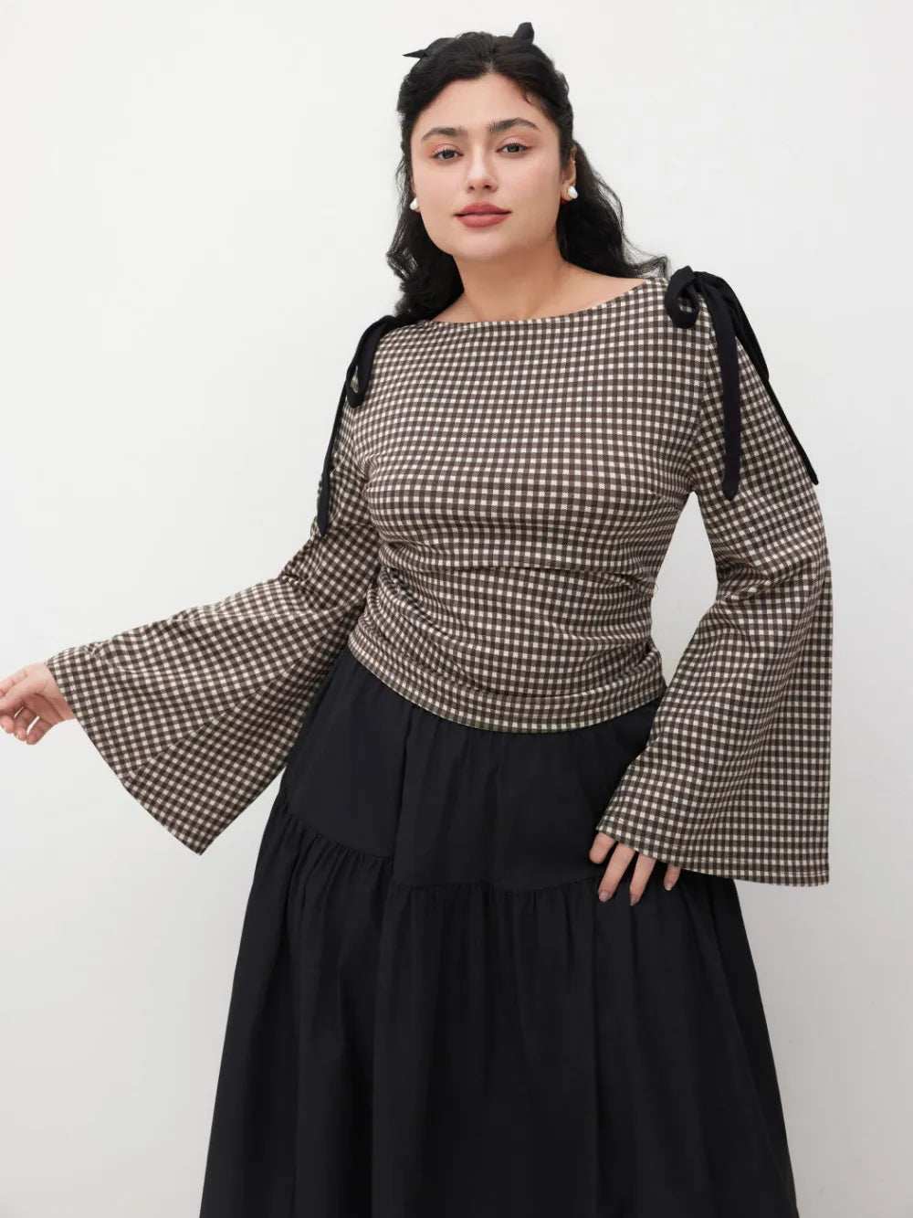 Boat Neck Gingham Bowknot Ruched Long Sleeve Top