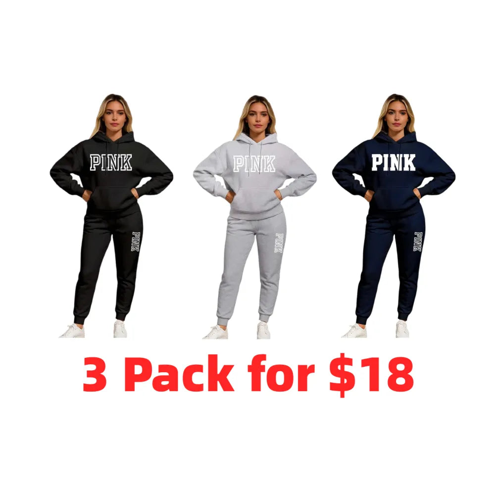 Women's Pink Print Hoodie And Drawstring Track Pants Set