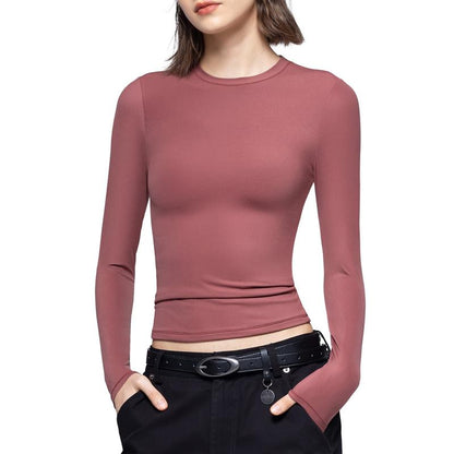 Long Sleeve Basic Tee Women's Crew Neck Slim Fit Tops Streetwear Minimalist Double Layer Compression Tee