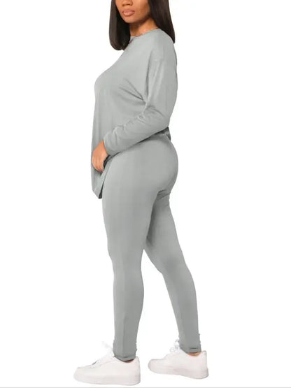 Women's Solid Drop Shoulder Tee & Elastic Waist Skinny Pants Two-piece Set