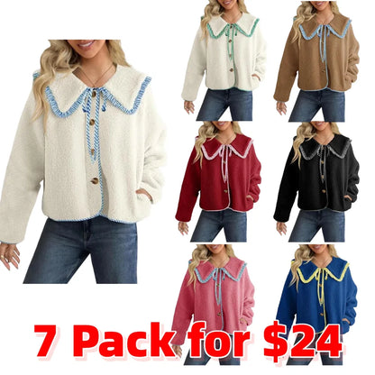 Womens Fuzzy Fleece Jacket Peter Pan Collar Button Down Fall Winter Sherpa Coats