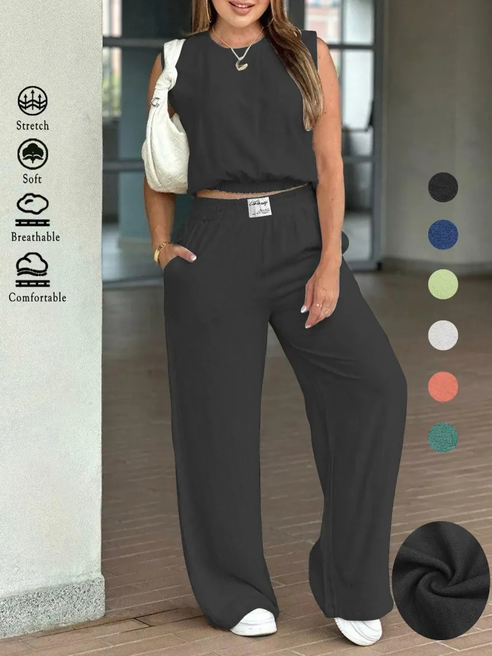 Women's 2-Piece Solid Color Tank Top & Wide Leg Pants Set