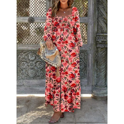 Women’s Long Sleeve Boho Dress – Square Neck & Button Detail