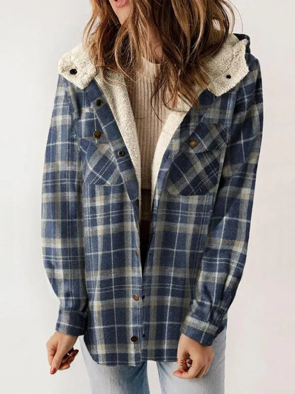 Women's Plaid / Houndstooth Print Button Front Hooded Coat