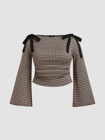 Boat Neck Gingham Bowknot Ruched Long Sleeve Top