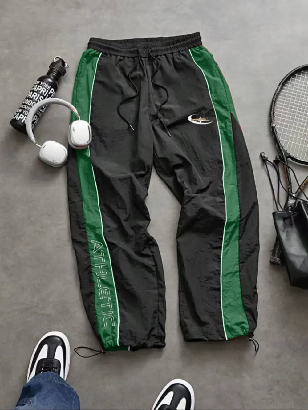 Men's Casual Sporty Long Pants, Loose Fit Drawstring Cuff