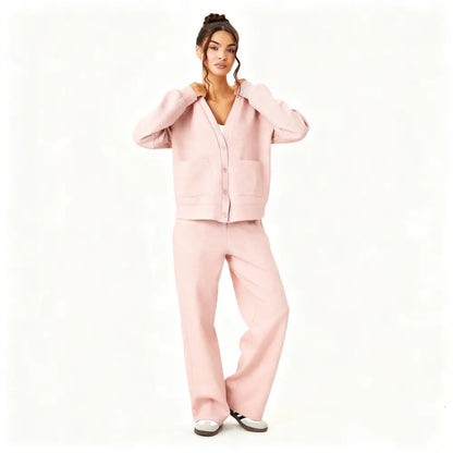 Women's Slouchy Solid Color V Neck Long Sleeve Button Cardigan & Drawstring Waist Trousers Co-ord