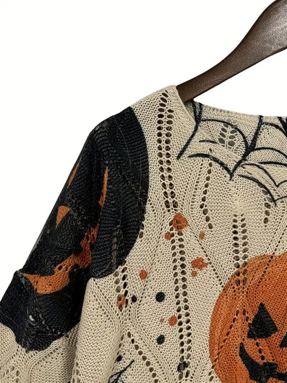 Women's Halloween Pumpkin Print Long Sleeve Knit Top