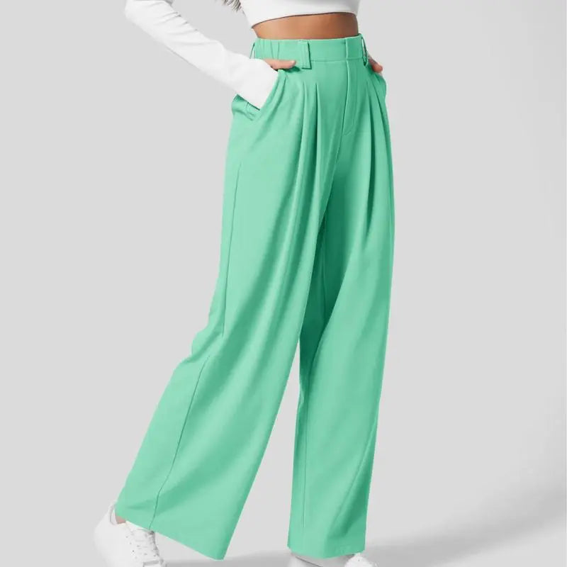 High Waisted Plicated Side Pocket Wide Waffle Work Pants