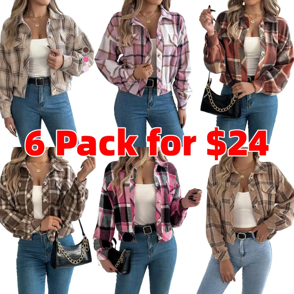 Women's Plaid Print Button Front Drop Shoulder Jacket