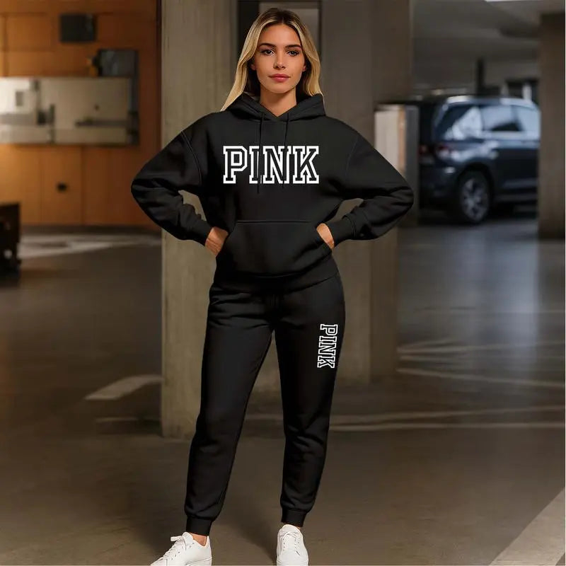 Women's Pink Print Hoodie And Drawstring Track Pants Set