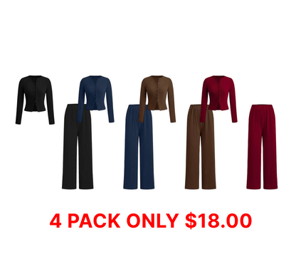 Two-piece Set Women's Solid Button Front Ribbed Crop Top & Elastic Waist Pants