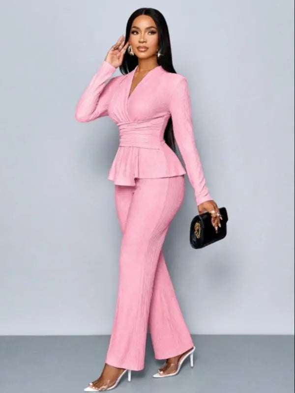 Women's Elegant V Neck Long Sleeve T-Shirt And Wide Leg Pants Two Piece Set