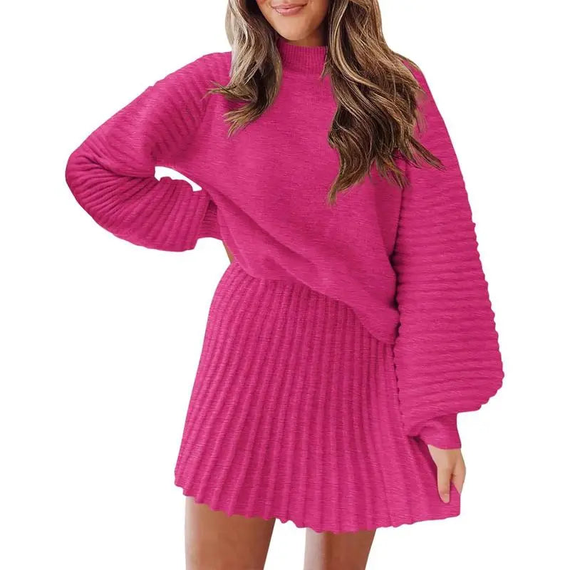 Women's 2 Piece Outfits 2025 Long Sleeve Mock Neck Ribbed Sweaters And Mini Skirt Two Piece Sets