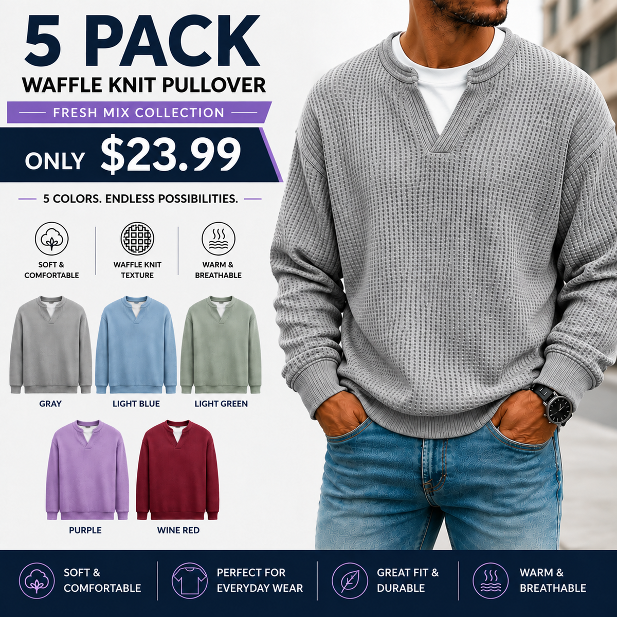 🎃 HALLOWEEN LAST DAY SALE 👻 10-Pack for Only $26.99 | Men's Layered Waffle Knit Thermal Pullovers
