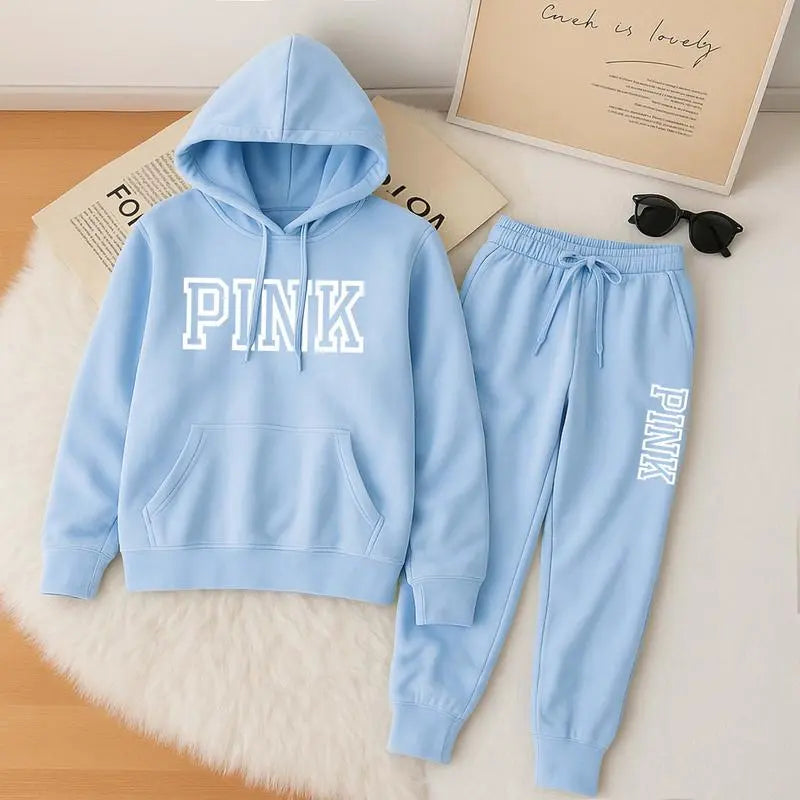 Women's Pink Print Hoodie And Drawstring Track Pants Set