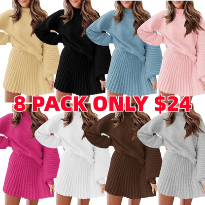 Women's 2 Piece Outfits 2025 Long Sleeve Mock Neck Ribbed Sweaters And Mini Skirt Two Piece Sets
