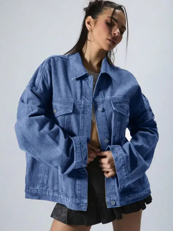Women's Plain Button Front Drop Shoulder Denim Coat