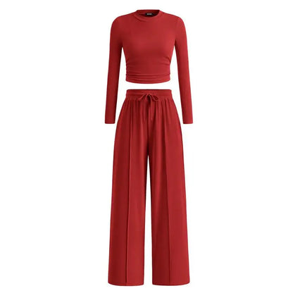 ✨2-Piece Ribbed Knit Long Sleeve Crop Top Wide Leg Pants Lounge Set🔥